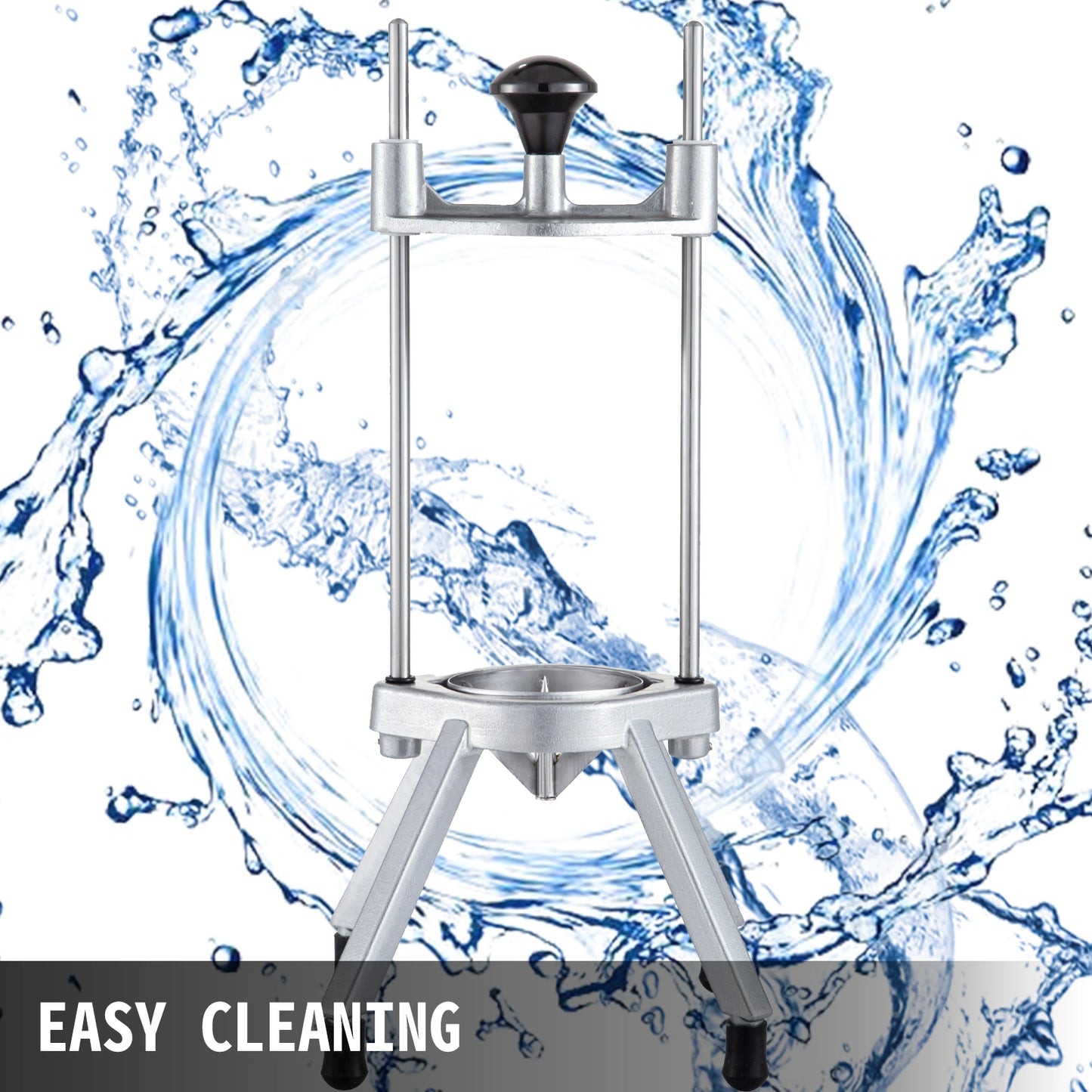 Stainless steel kitchen tool with water splashes in the background, emphasizing ease of cleaning.