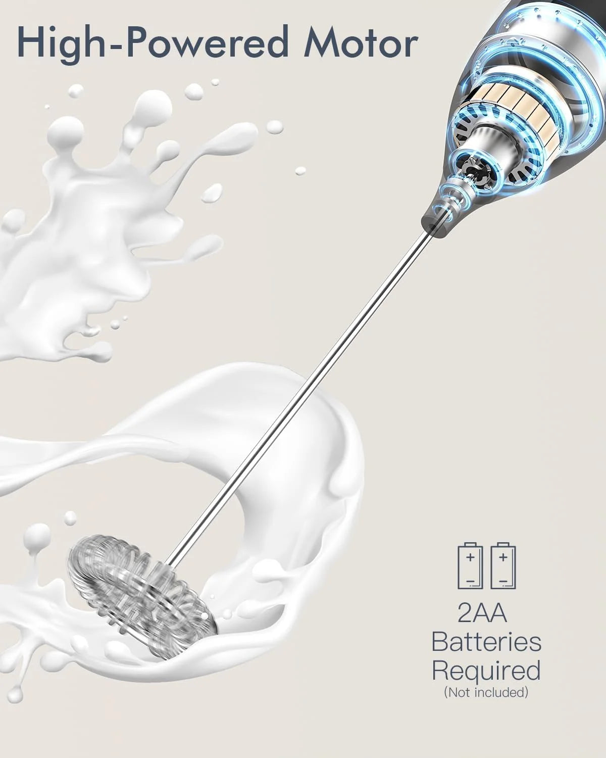 High-powered motor with batteries required text and battery icons on a beige background