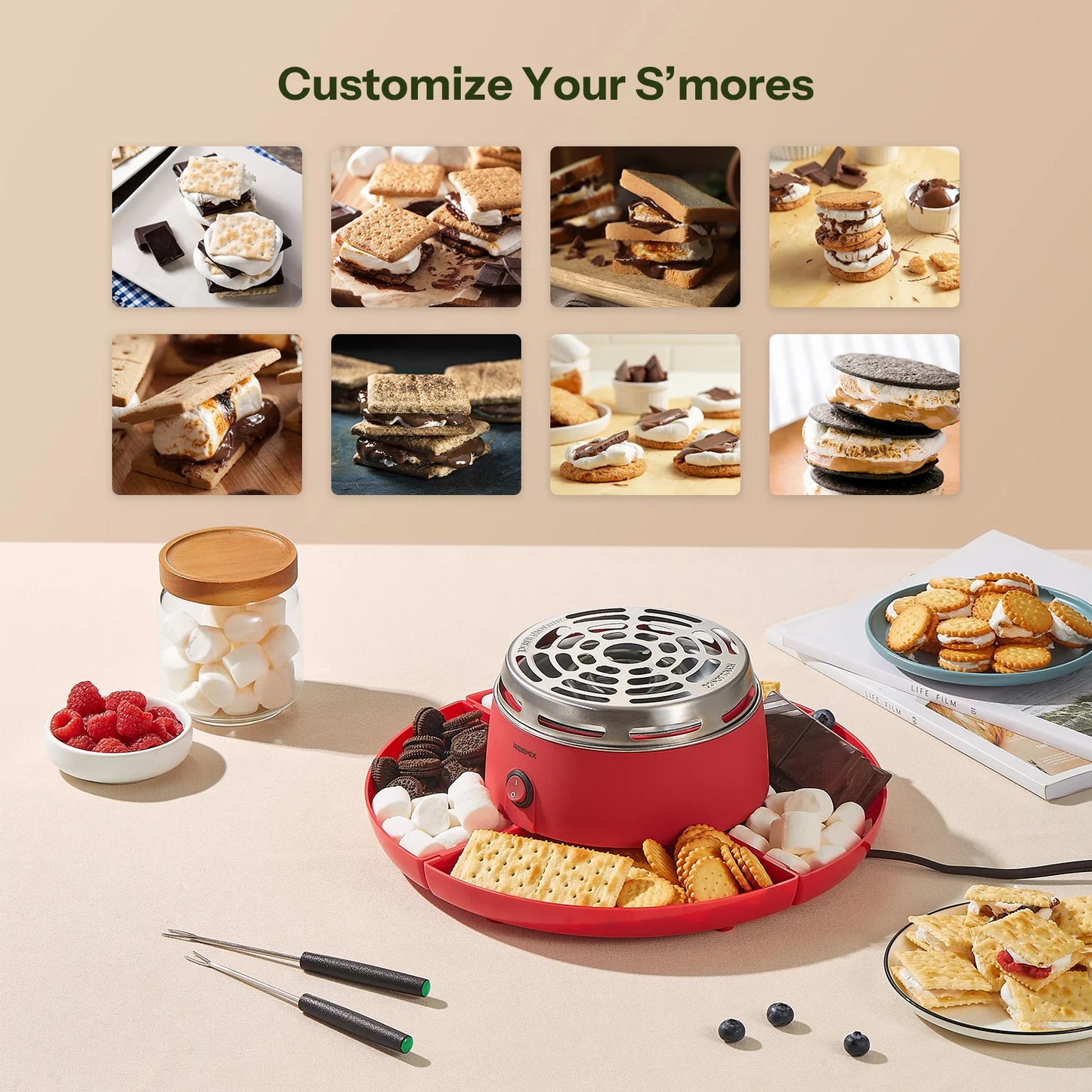 Red s'mores maker with ingredients on a beige surface, surrounded by images of s'mores.