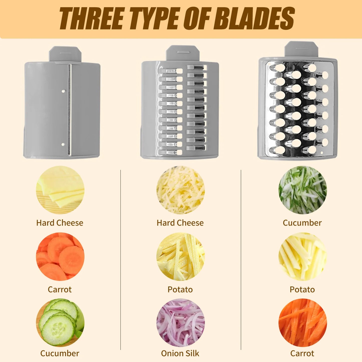 Three types of blades for a vegetable slicer with sample cuts displayed below.