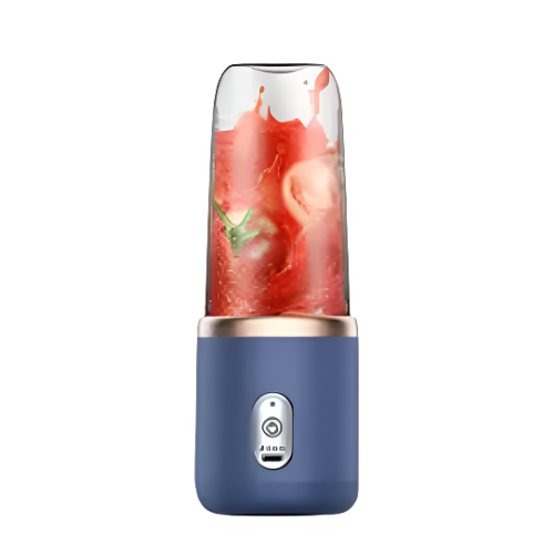A portable electric juicer blender in blue color with a clear container filled with juice and fruits, showing the USB rechargeable port.