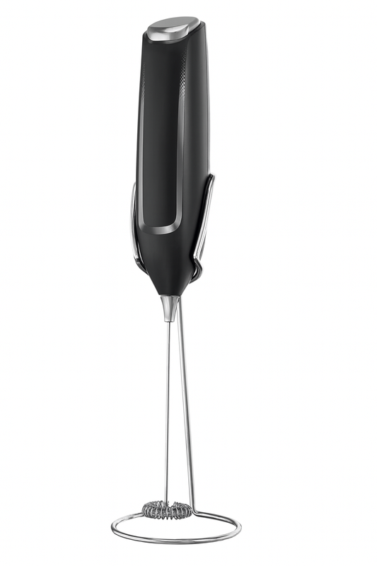 Black handheld milk frother on a white background