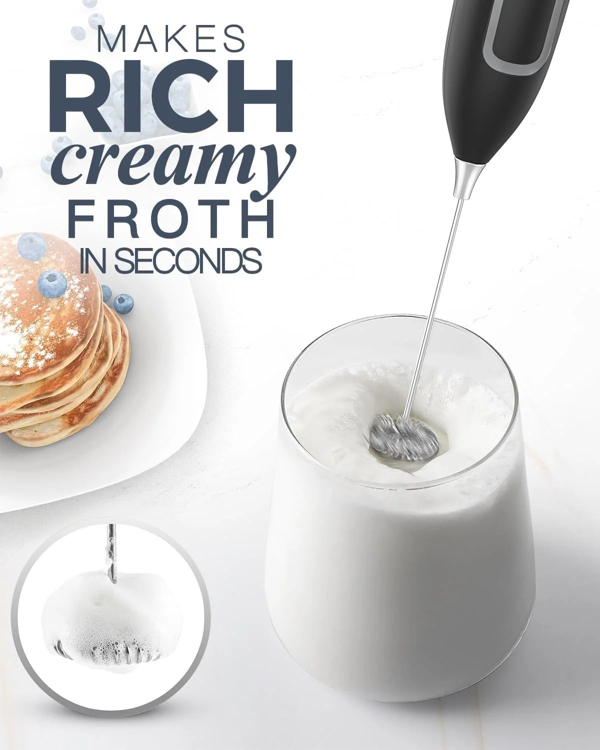 Electric frother being used to create froth in a glass of milk with pancakes in the background.