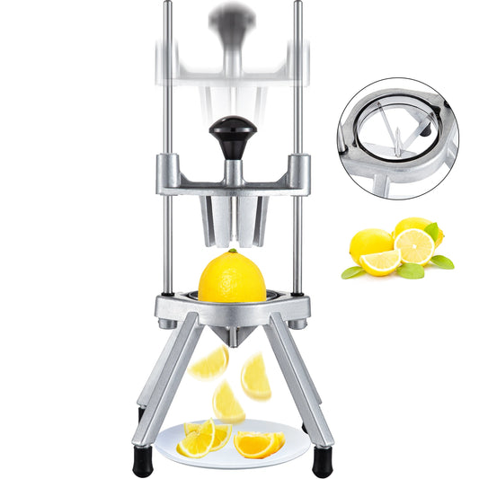 Manual lemon squeezer with lemons and juiced lemon halves on a white background