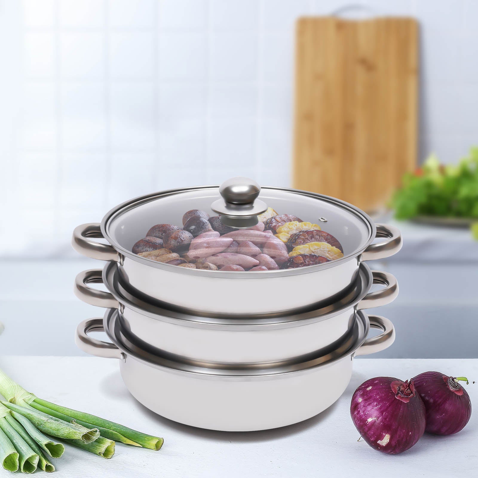 Stainless Steel Steamer Pot - 3-Tier Stackable & Durable