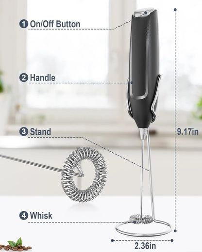 Handheld blender with labeled parts and measurements on a white background